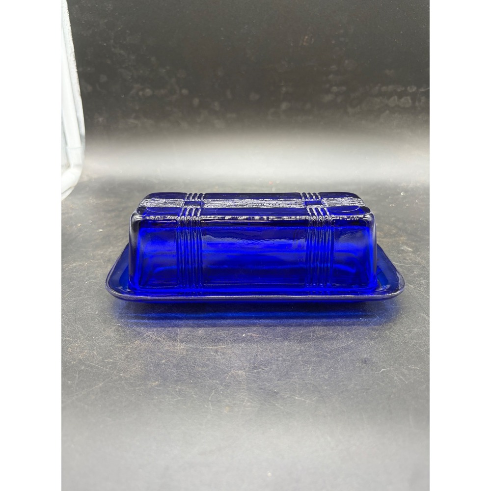 Hazel Atlas Cobalt Blue Glass Butter Dish Moderntone Art Deco Vintage 2 Piece